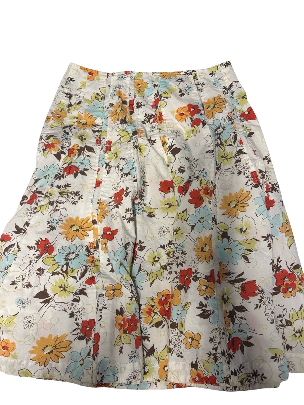 CAbi Floral A-Line Skirt in Cream with Red, Yellow, Blue, Brown Flowers